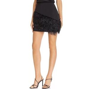 Parker High Waist Stretch Crepe Black Fitted Mini Skirt Feather Trim Side Zip 0
